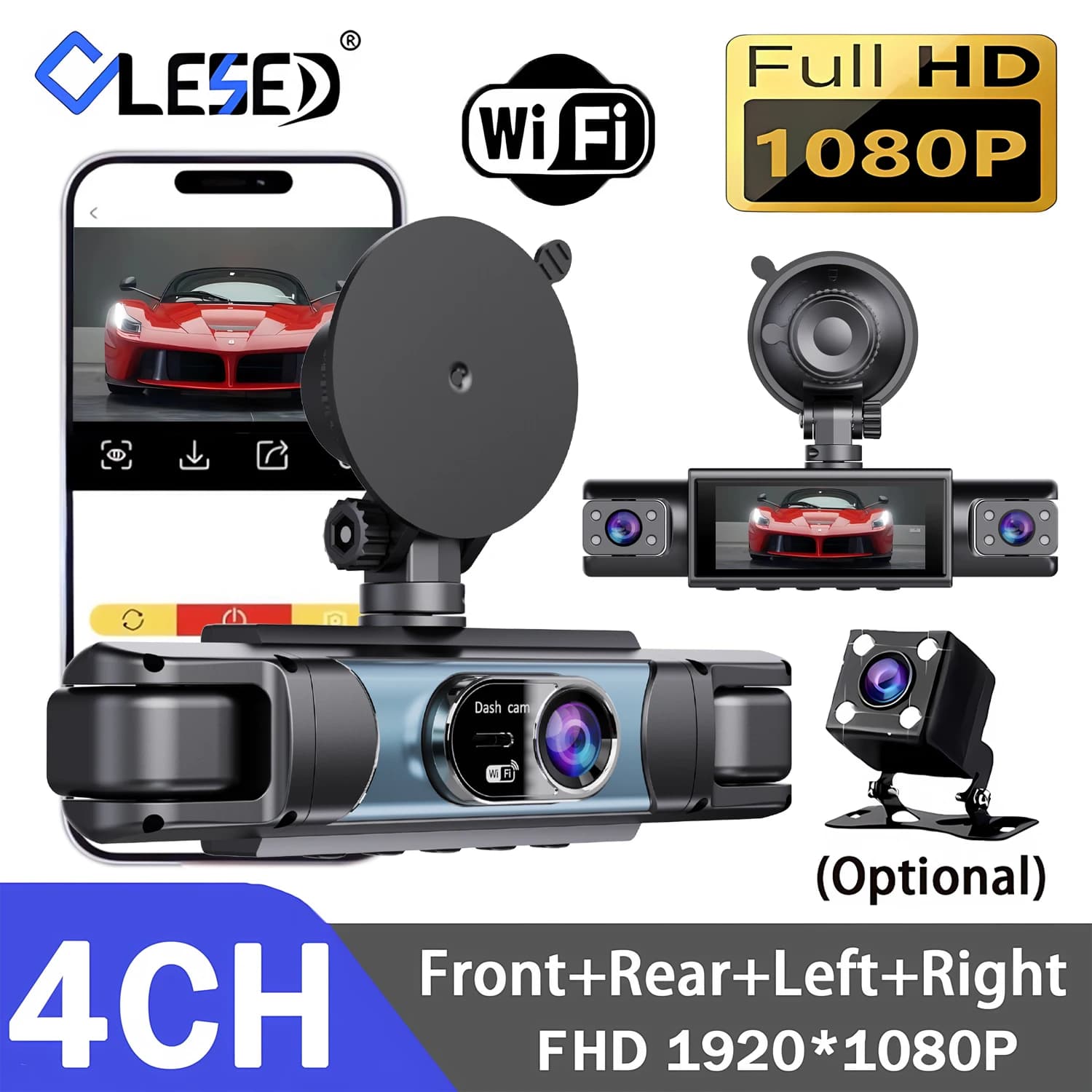 Dash Cam DVR Auto WiFi a 4 Canali con 4 Telecamere Full HD 1080P, Registratore Video, Visione Notturna, Scatola Nera, Telecamera Abitacolo, Parcheggio 24H
