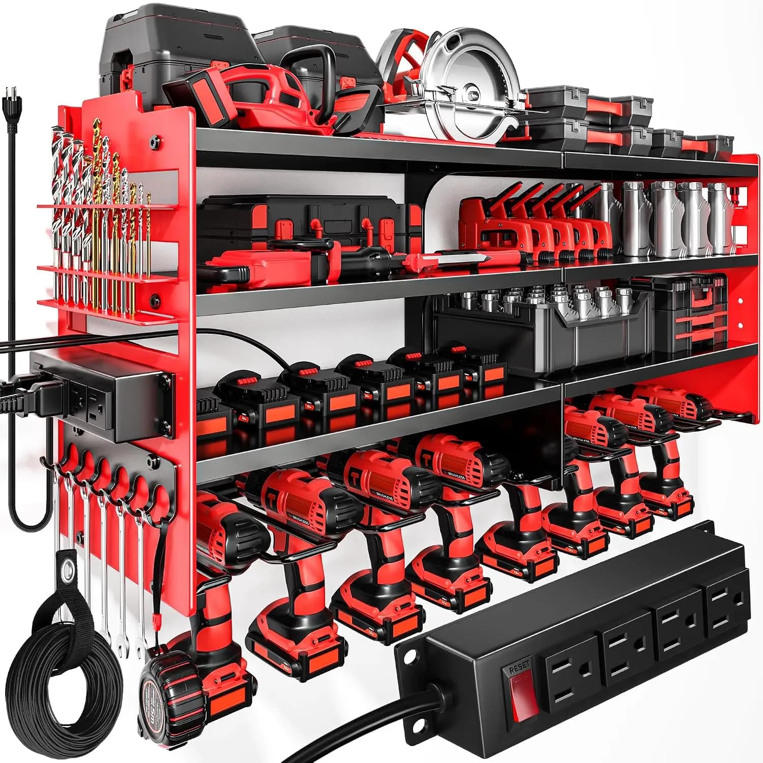 Heavy Duty Tool Organizer Wall Mount with Charging Station, 4-Tier Metal Shelf, 600lbs Capacity, 8 Drill Holders, 4-Outlet Power Strip