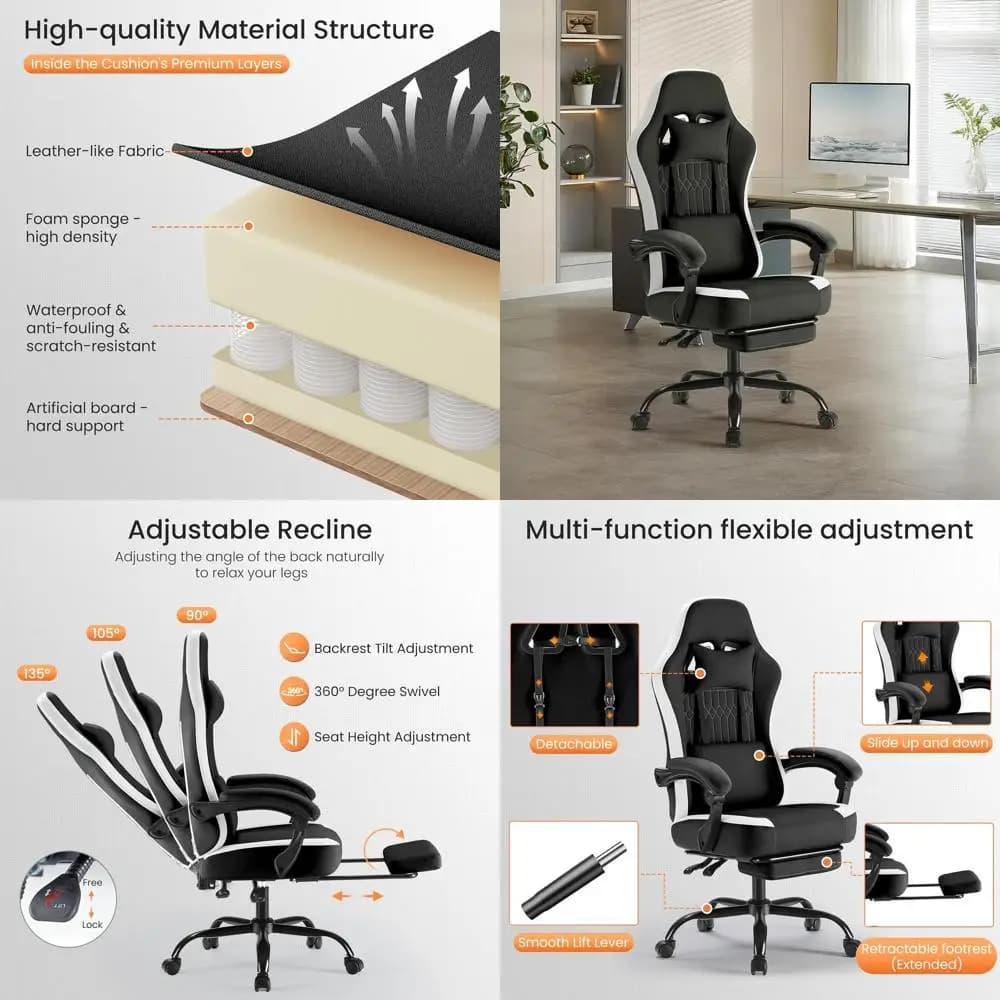 Sedia da gioco per computer - Sedia da scrivania ergonomica con schienale alto con poggiapiedi e supporto lombare, sedia da lavoro regolabile in altezza con Linka