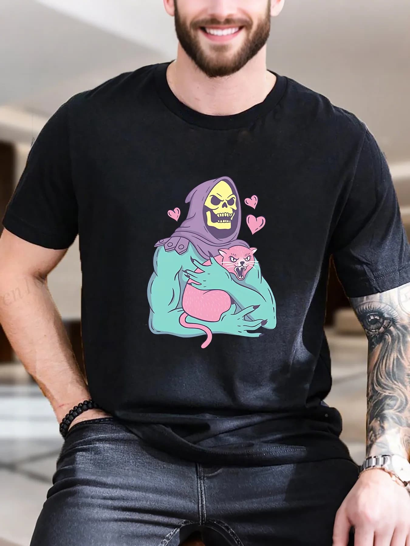 Nuovo modo di arrivo Cartoon Felpa con cappuccio Cat Print T-shirt da uomo 100% cotone traspirante Tee Estate Casual Comfort Fit Trendy Graphic S