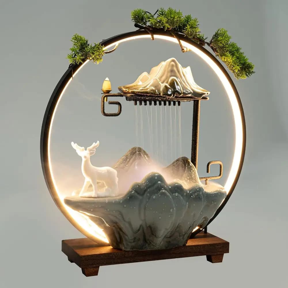 Decorazione Feng Shui per Buona Fortuna e Ricchezza, Cascata da Interno con Nebbia, Luce LED e Piante Finte per Meditazione (Media)