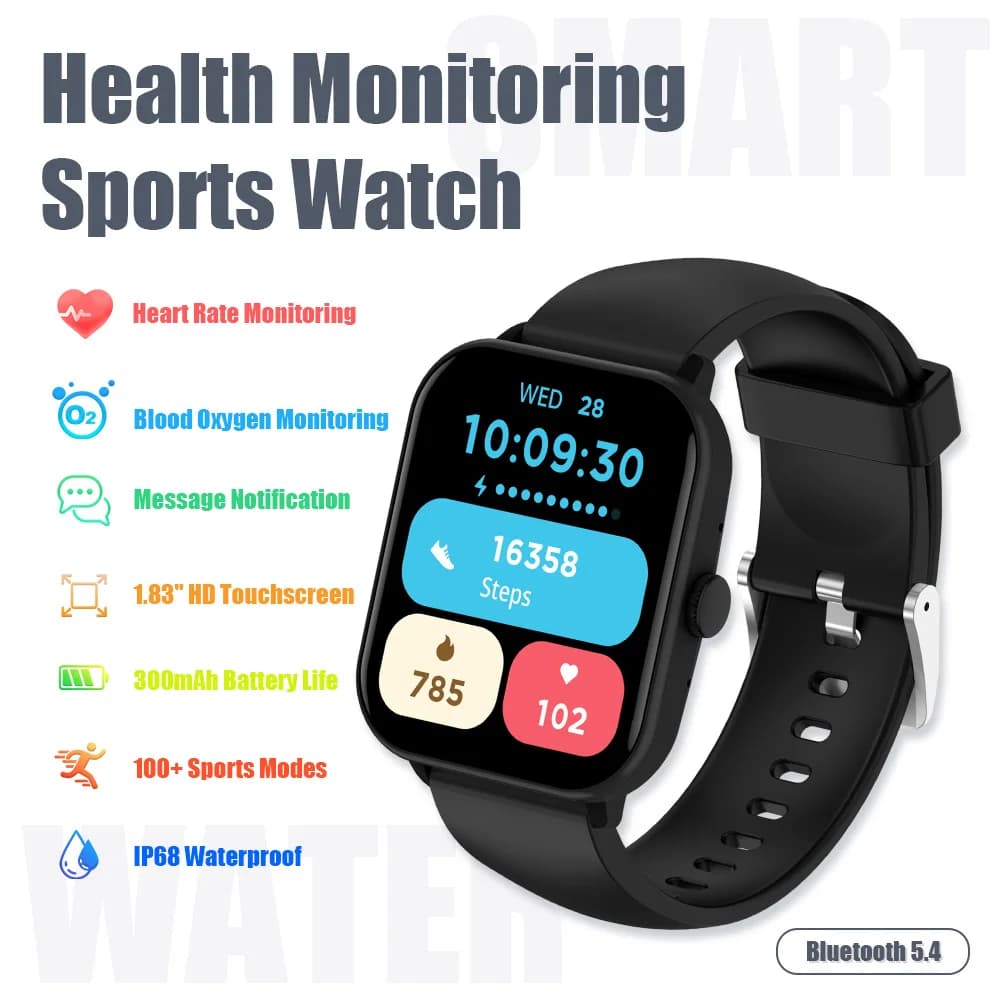 Smartwatch 1.83" HD Display Bluetooth 5.3 Voice calling IP68 Waterproof 100+ Sports Modes Fitness Tracking Smart Sports Watch