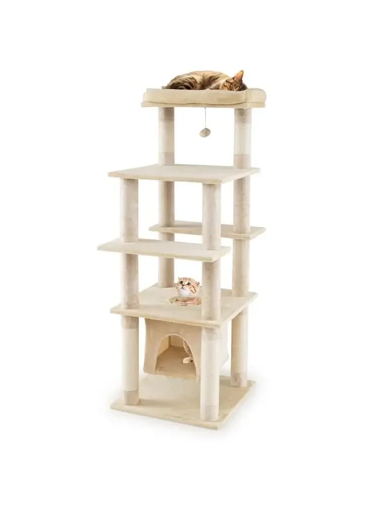 Albero per Gatti Multilivello Grande da 58 Pollici con Cuccia Sospesa e Letto Morbido - Beige