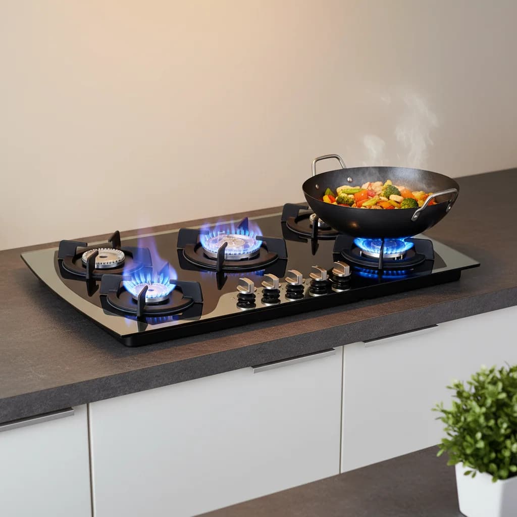 Accensione elettronica a impulsi 5 fuochi Stufa a gas Piano cottura a gas GPL NG Piano cottura a gas doppio combustibile per cucina Campeggio RV Vetro nero