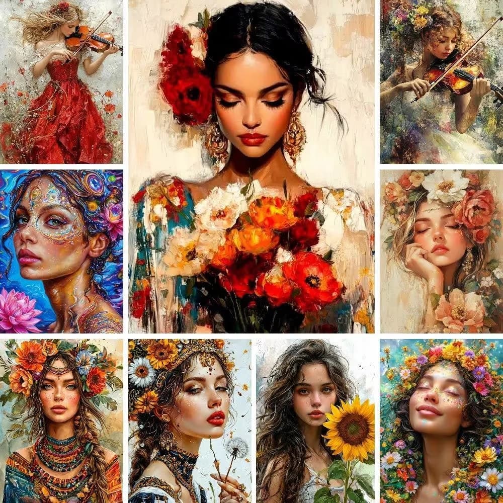 Coloring By Numbers Flowers Girl on Canvas Acrylic Paint Package Adults Wall Art Picture Drawing Home Decoration