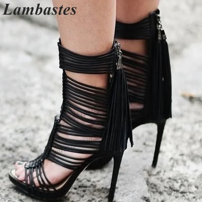 Style Black Narrow Band Fringe Decor Sandals Stilettos High Heel Women Shoes Back Zipper Open Toe 2026 Fashion Zapatillas Mujer