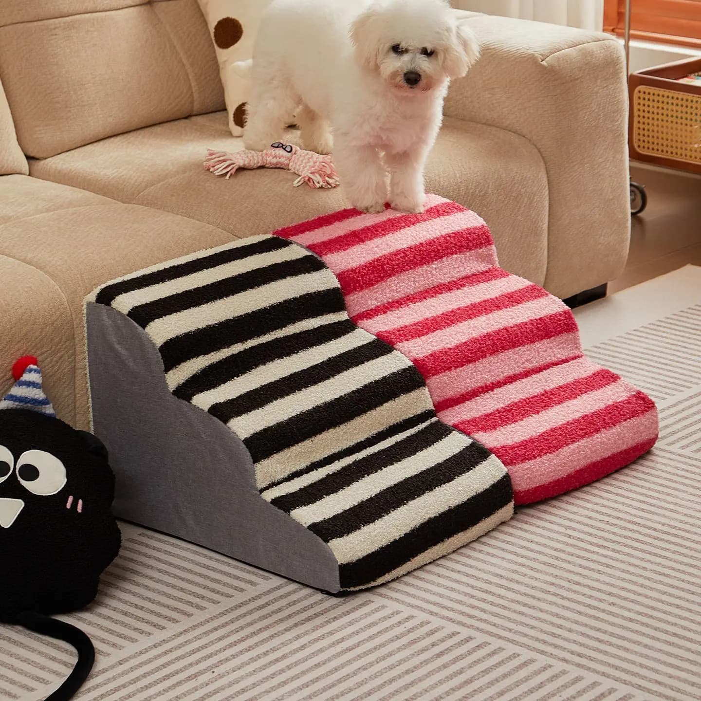 Rampa per Animali Domestici a Strisce in Peluche, Lavabile e Antiscivolo, per Divano, Scale e Letto