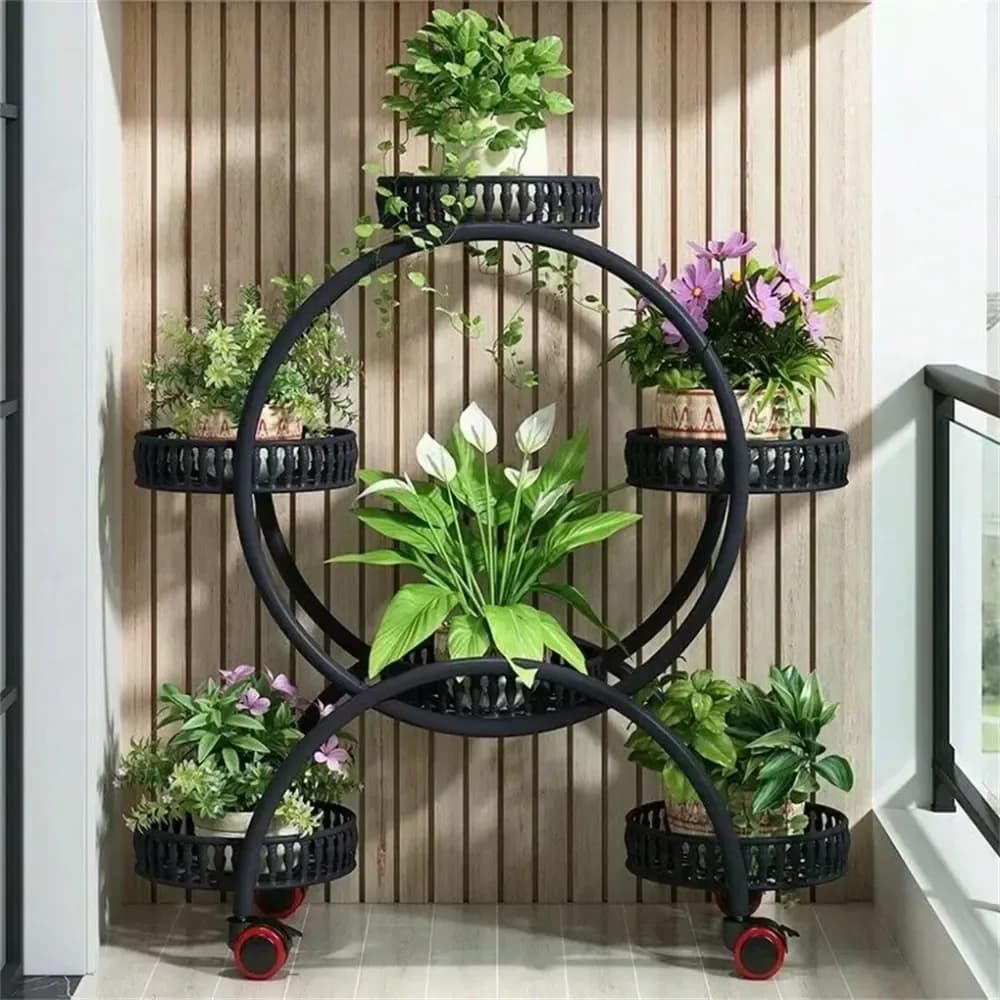 Scaffale Porta Piante in Metallo, Supporto per Vasi con Ruote per Interni ed Esterni, Espositore a 4 Livelli per Fiori con 6 Portavasi