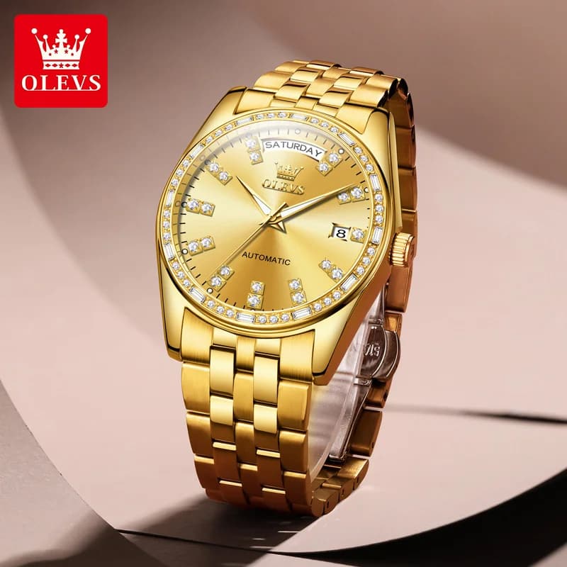 OLEVS 9802 Orologio in oro da uomo con data automatica Orologio da polso meccanico automatico di lusso in acciaio inossidabile con diamanti pieni