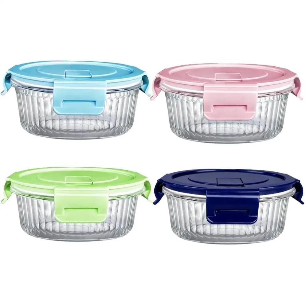 Piccoli Contenitori in Vetro Rotondi con Coperchi, Ciotole da 1,5 Tazze 12oz per Zuppe e Avanzi, Adatti a Microonde, Lavastoviglie e Congelatore