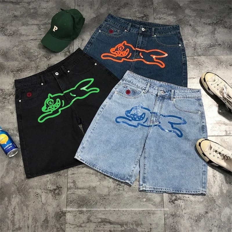 Shorts in denim da donna alla moda stile street, in puro cotone, sportivi e casual, con stampa cane che salta, vita naturale, chiusura con cerniera, per l'estate