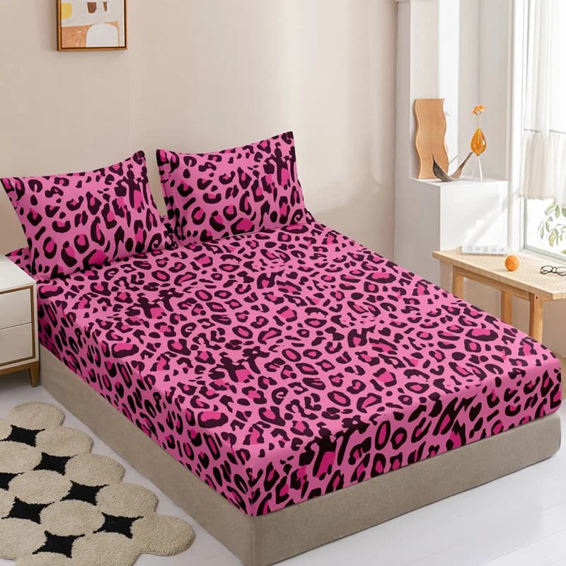 Set di lenzuola con angoli a fantasia leopardo rosa, 3 pezzi (1 lenzuolo con angoli + 2 federe, senza imbottiture per cuscini)