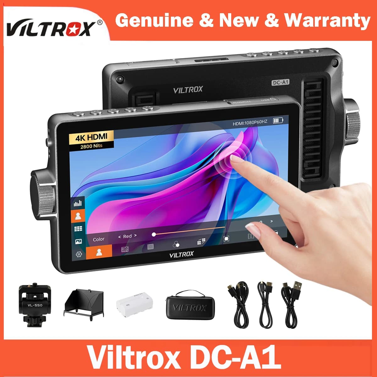 VILTROX DC-A1 Monitor per telecamera Monitor da campo per telecamera touchscreen da 7'' 2800 nit Ingresso/uscita HDMI 4K LUT 3D con cappuccio parasole e batteria