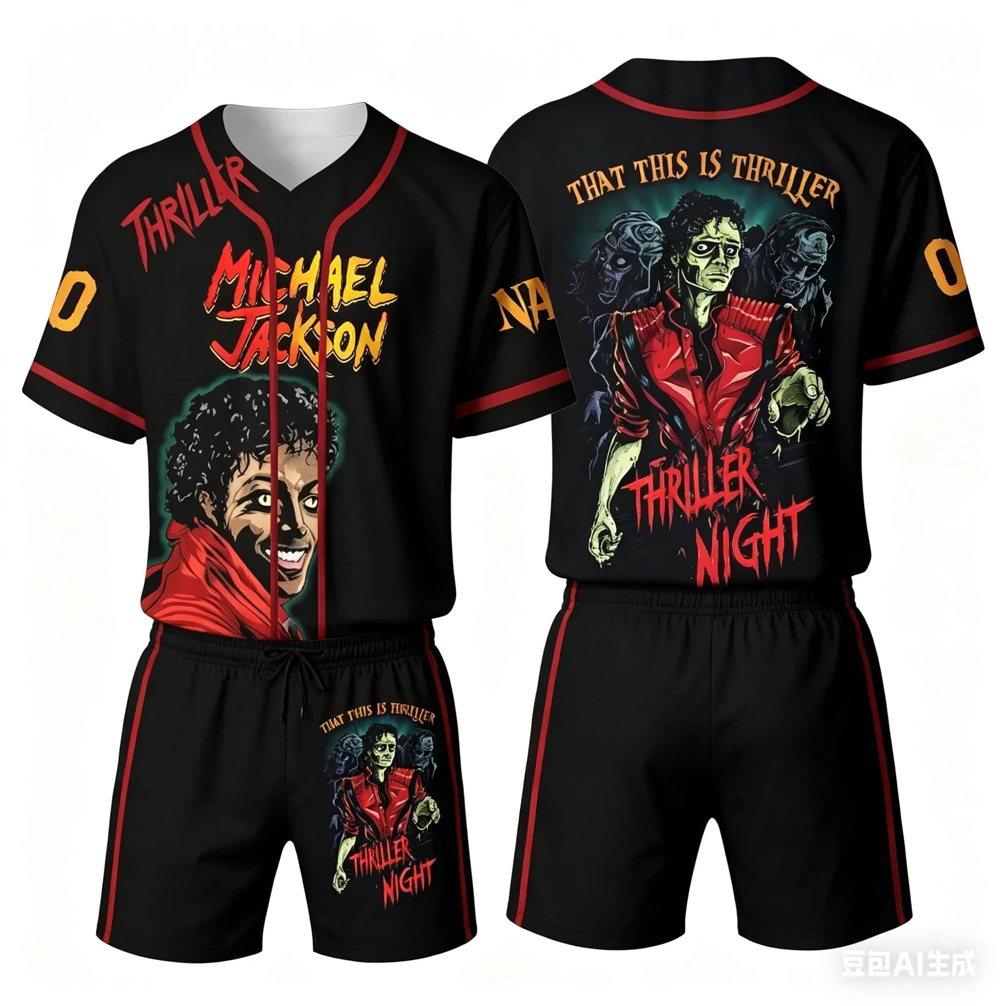 Completo Streetwear 2 Pezzi per Adulti e Bambini Michael Jackson Thriller Maglia da Baseball a Maniche Corte e Pantaloncini King of Pop Tuta Sportiva