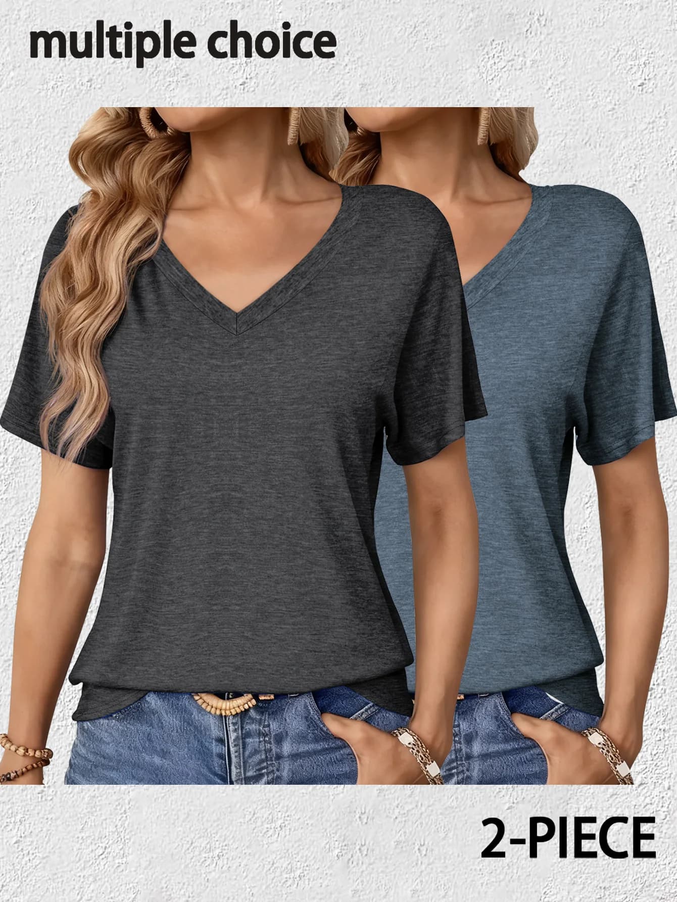 Set di 2 Magliette Estive Casual alla Moda con Scollo a V in Tinta Unita