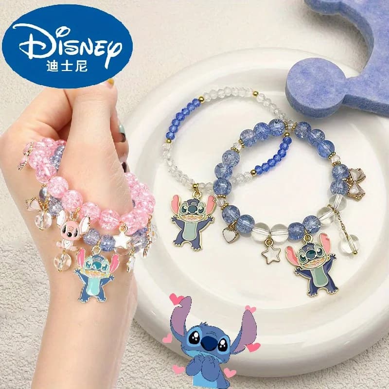 2Pcs Disney Lilo & Stitch Crystal Beaded Bracelets, Kawaii Angel Stitch Wrist Jewelry for Girls Women Gifts