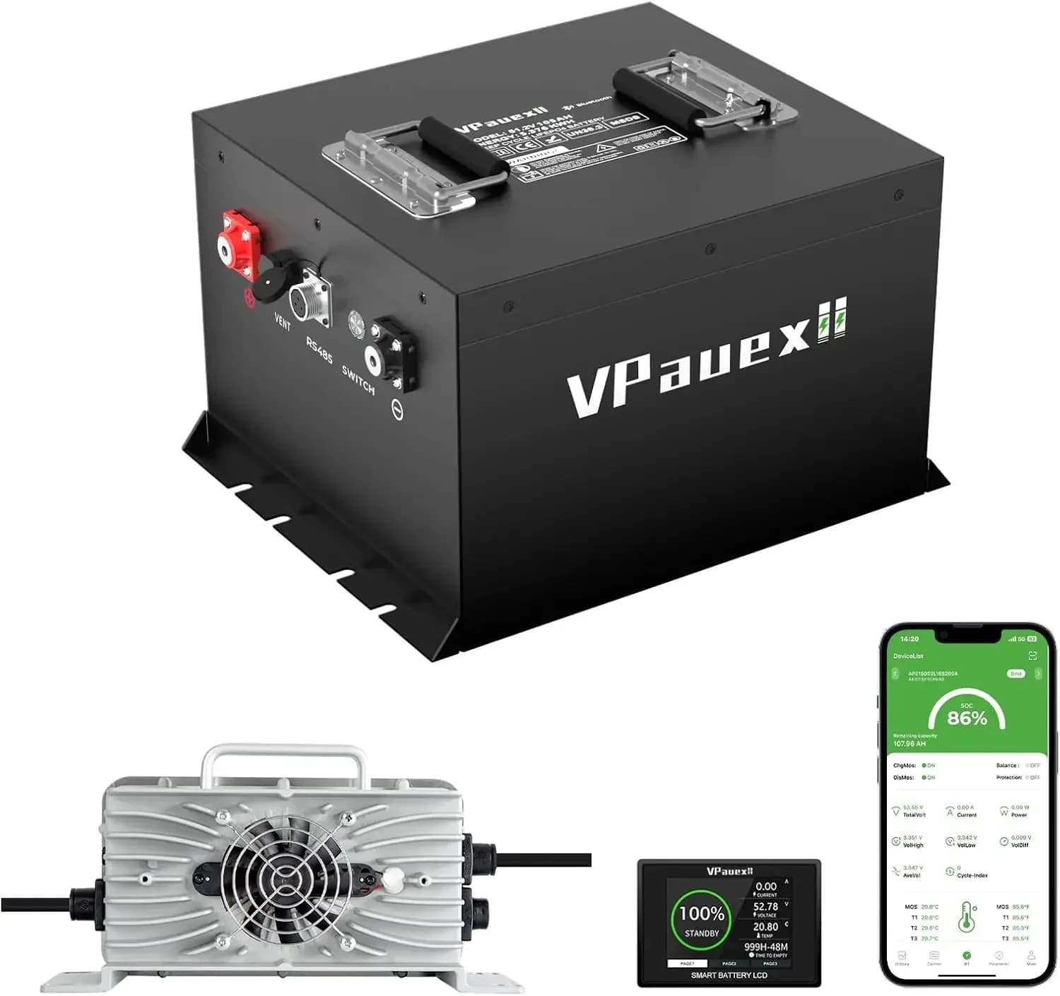 48V 105Ah Mini Lithium Golf Cart Battery,48V Golf Cart Batteries with 22A Lithium Charger,Built-in 200A BMS,Metal Casing,Supports Mobile APP,Touch Monitor,6000+ Cycles,Peak Current