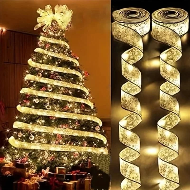 2-10M Christmas Bow Decoration Golden Christmas Ribbon Fairy String Lights for Home Party Christmas Tree and Gift Decor