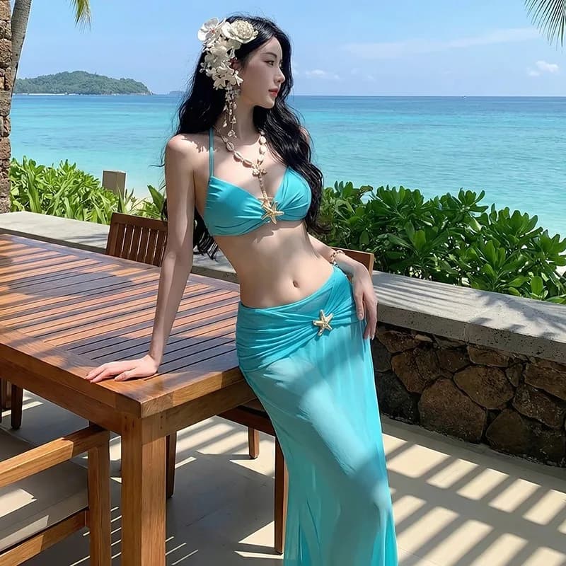 Sexy Blue Bikini Swimsuit Women's Three-Piece Set Slimming Beach Vacation Long Skirt Charming Beach Photo Shoot Small Size