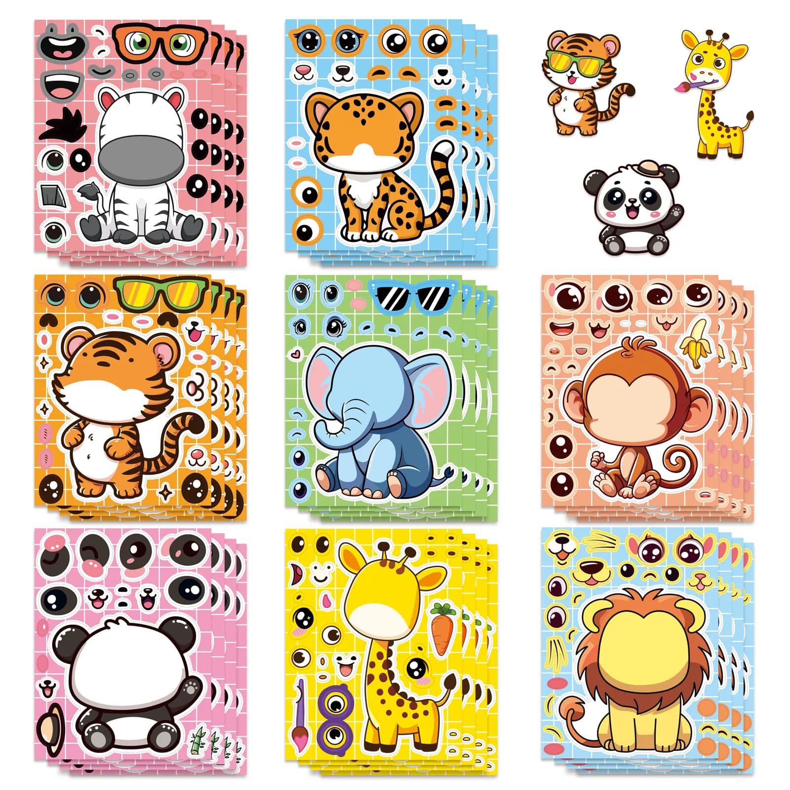 8 fogli adesivi puzzle animali cartoni animati Crea una faccia Decalcomanie cartoni animati Cancelleria Notebook Telefono Decorazione portatile Adesivi per bambini