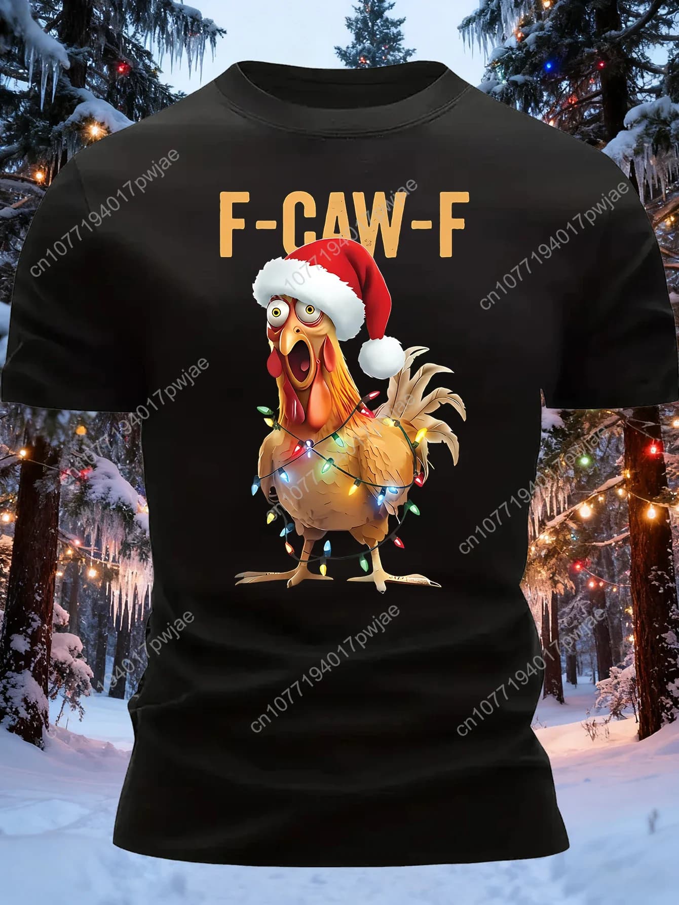 T-shirt divertente da uomo con gallo natalizio - Manica corta nera con scritta "F-CAW-F" e gallo con cappello da Babbo Natale e luci - Divertente e originale