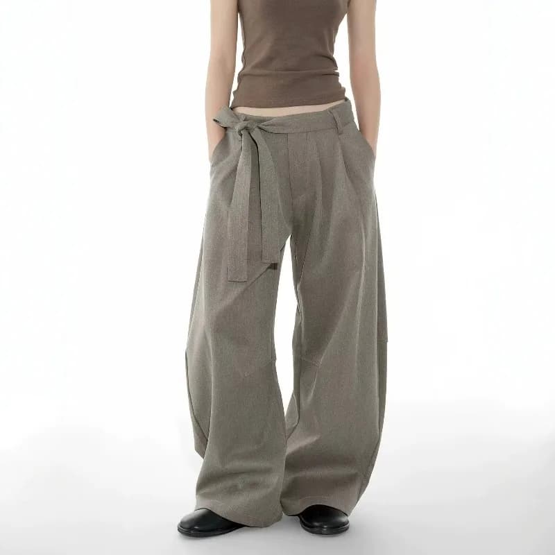 2026 New Korean Version of Women's Loose Trousers Old Money Wind Belt Khaki Casual Pants Fashion Nine-point Pants
