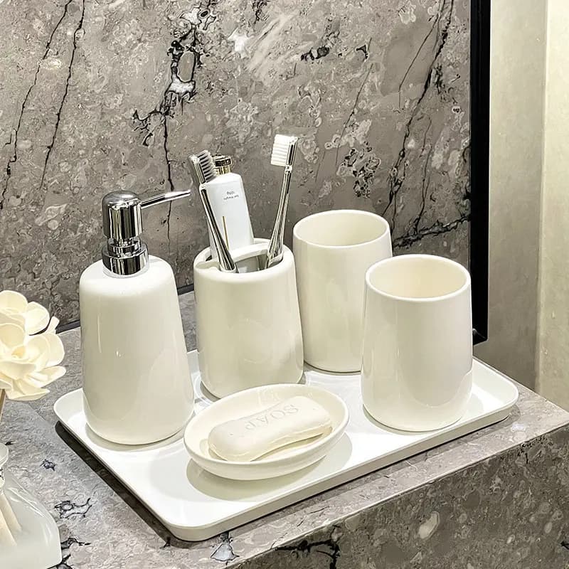 Bathroom Decoration Accessories, White Ceramic Soap Dispenser, Toothbrush Holder, Soap Box, Toilet Brush, Washbasin Ornament