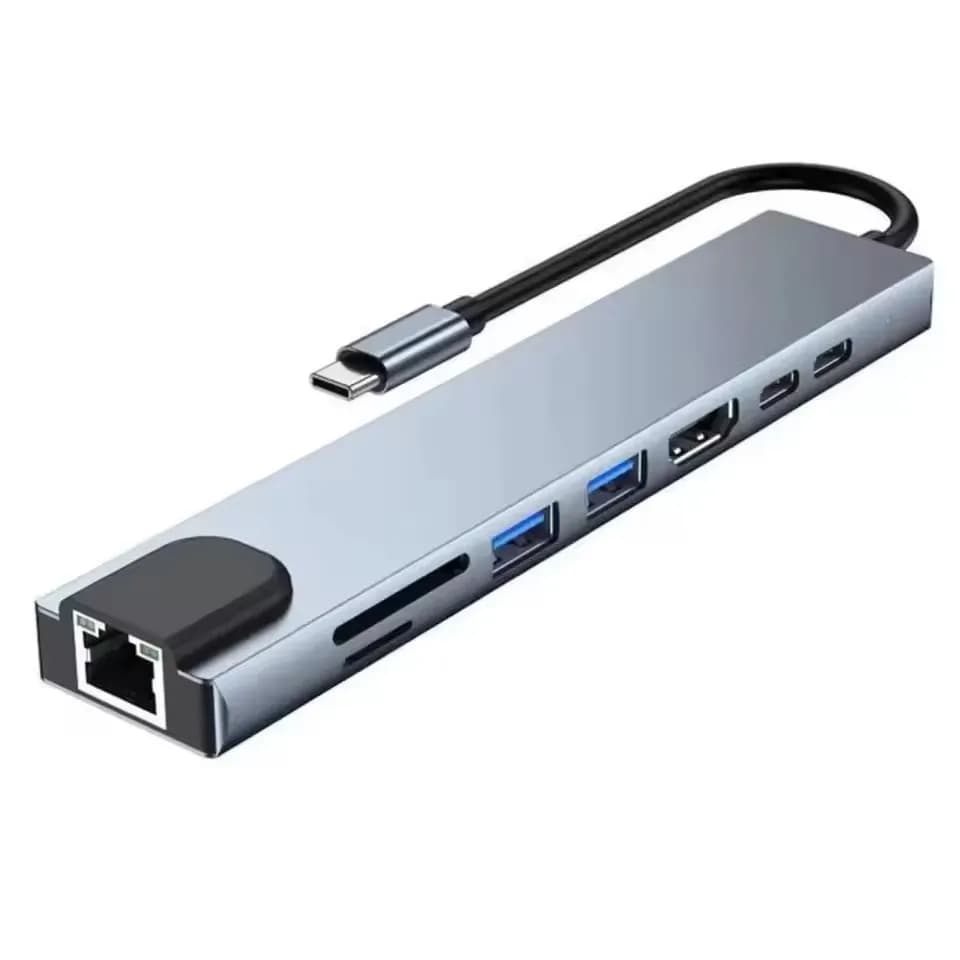 Hub Adattatore USB 8 in 1 Type-C 3.1 a 4K HDTV con Lettore Schede SD TF e RJ45, Ricarica Rapida PD per MacBook e Notebook