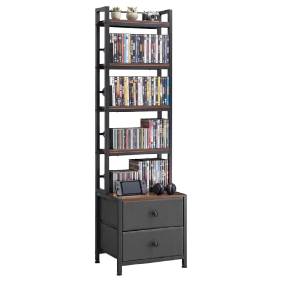 Mobiletto portaoggetti multimediale con 4 ripiani e cassetti per DVD, organizer per CD e DV, dimensioni 15,75 x 11,81 x 56,50 pollici