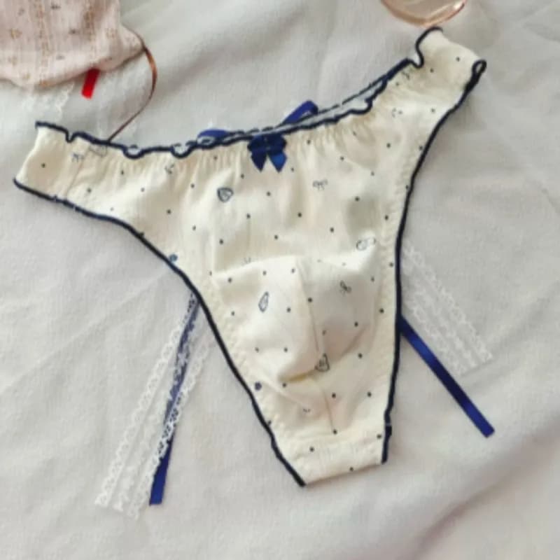 Japanese New Sweet Floral Bow Cross-dressing Underwear Thong Men's Convex Pouch Underpants Cotton Breathable T-back Briefs