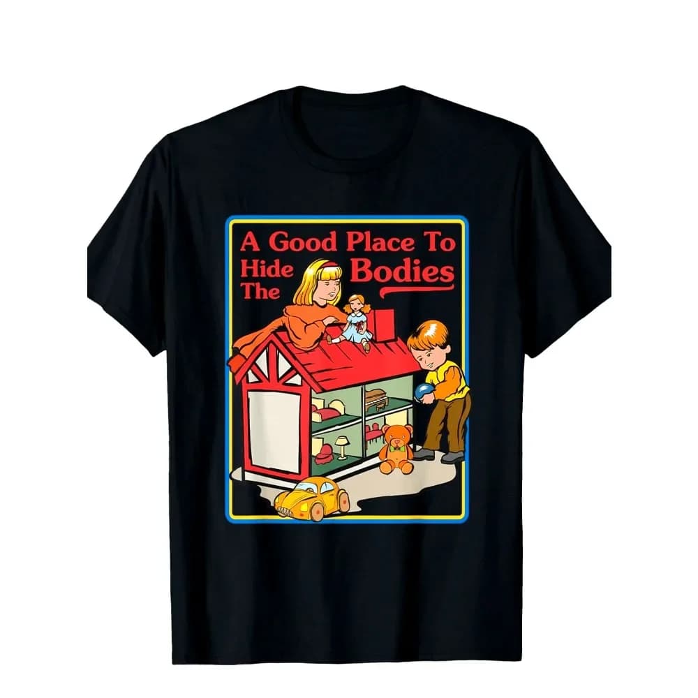 Men's T-shirt with print that jokingly suggests a suitable place to hide a body, designed for casual streetwear with crew neck
