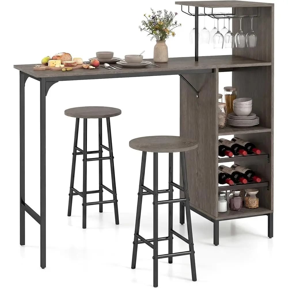 Set da Bar Industriale a 3 Pezzi con Tavolo e Sedie, Portabicchieri e Portabottiglie per 6 Bottiglie, Altezza Bancone per Cucina o Sala da Pranzo