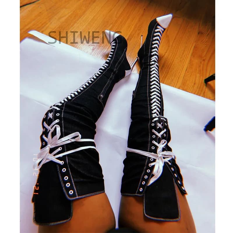 2025 New Women's Pointe Toe High Heels Knee Boots Jeans Rider Boots with Black Laces Autumn Winter Women's Shoes Long Boots