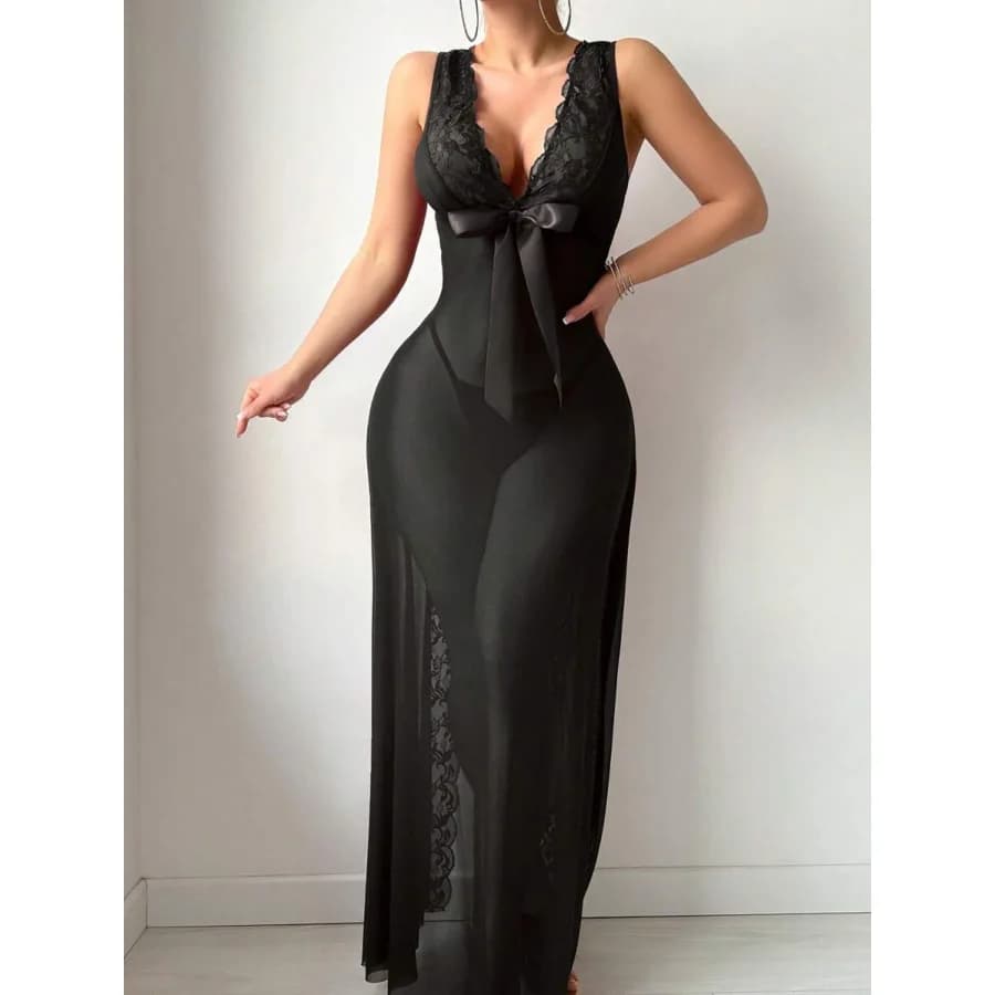 Women Lace V Neck Mesh Maxi Nightgown Satin Bow High Slit Lingerie Sleepwear for Honeymoon Date Night Daily Home Lounge Dress