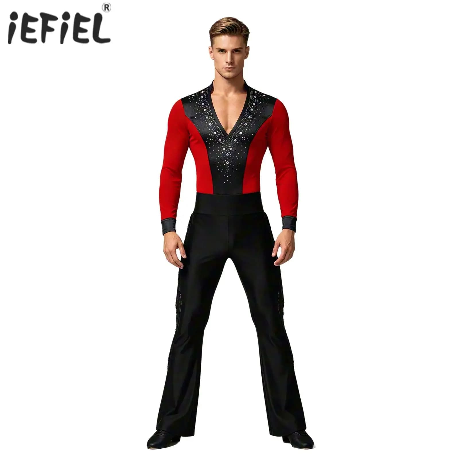 Men Glittery Rhinestones Leotard Satin Bodysuit with Tassel Flared Pants Latin Ballroom Dance Figure Skating Performance Costume