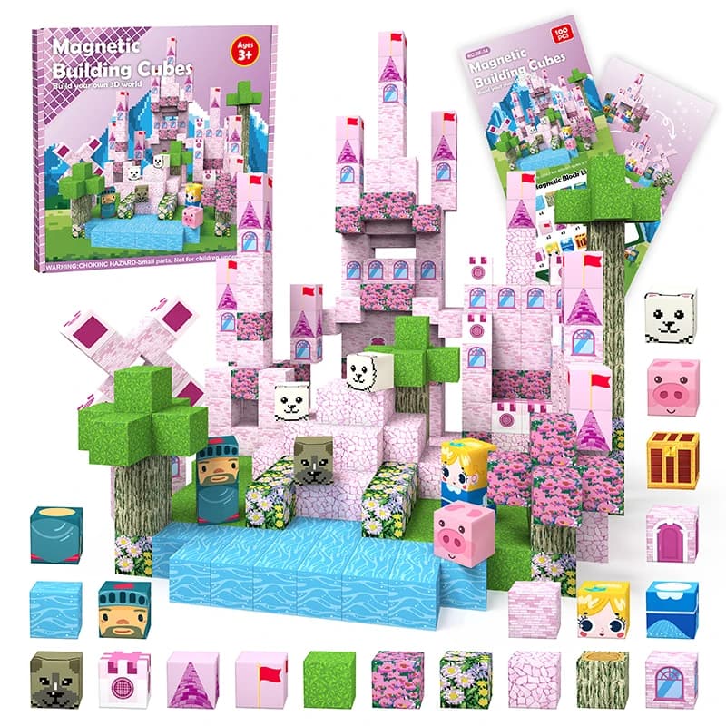 Blocchi di costruzione di piastrelle magnetiche da 100 pezzi, set di castelli rosa principessa, giocattoli educativi STEM per bambini dai 4 ai 8 anni, regalo creativo per ragazze