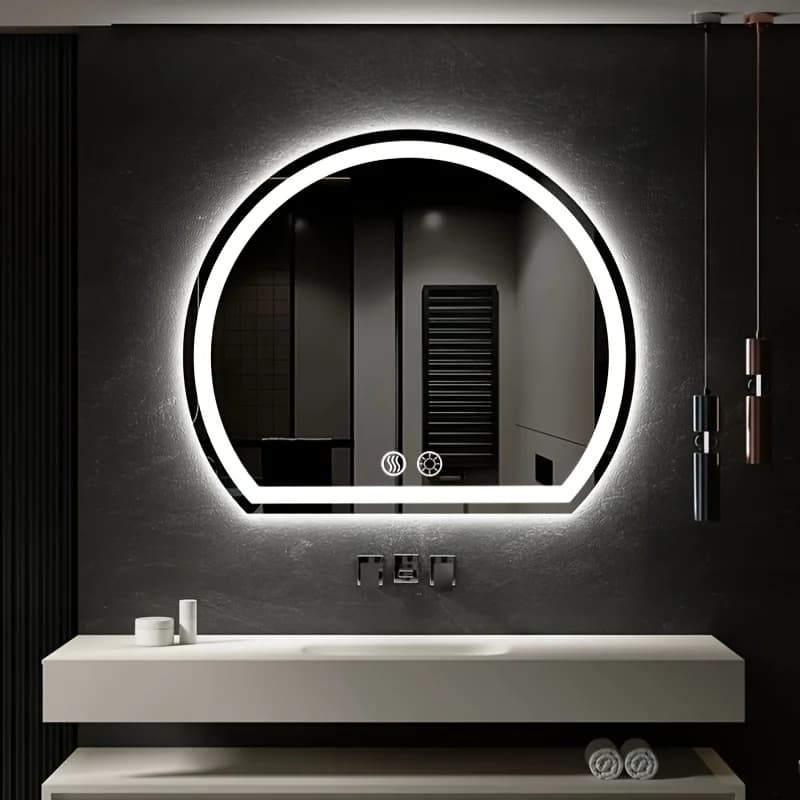 Specchio da bagno semicircolare intelligente a LED con luci, antiappannamento, dimmerabile, specchio per doccia, specchio per trucco ad alta definizione, specchio da parete, funzione di memoria, vetro temperato, infrangibile, presa standard USA, dimensioni 20 pollici, decorazione per la stanza