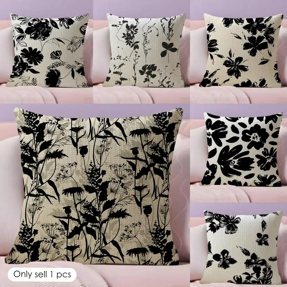 Fodera per cuscino con motivo floreale in inchiostro nero, federa in lino naturale con stampa fronte-retro, decorativa per divano, regalo per l'arredamento della casa