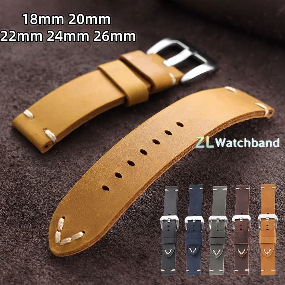 Cinturino per Orologio in Pelle di Vacchetta Vintage 18mm 20mm 22mm 24mm 26mm, Cinturino in Pelle Cucito a Mano per Panerai, Seiko, Smartwatch