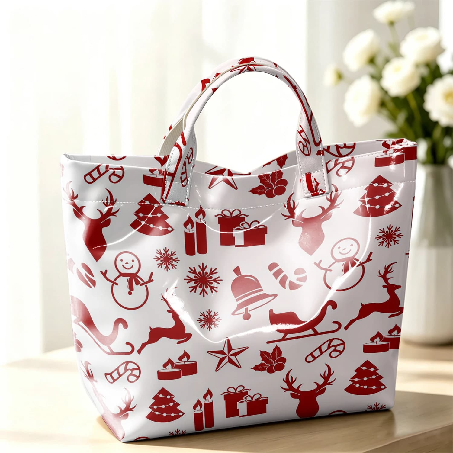 Xmas Silhouette Fashion Large Glossy PVC Tote Bag Hand Washable Waterproof Perfect Travel Commute Cosmetic Storage Shopper