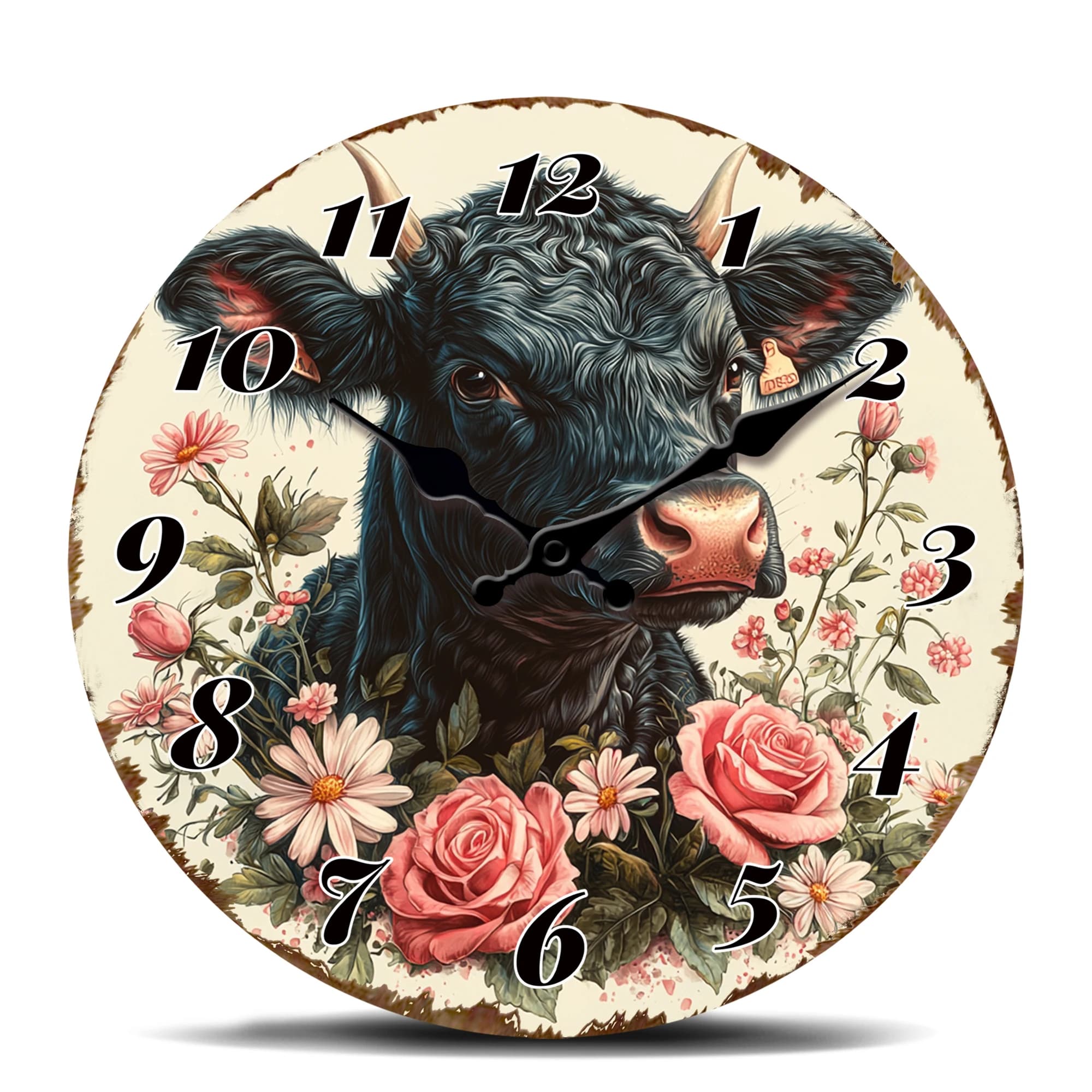 Orologio da parete con mucca nera con rose rosa, orologio da appendere rotondo con animali floreali rustici per l'arredamento della fattoria, analogico al quarzo silenzioso