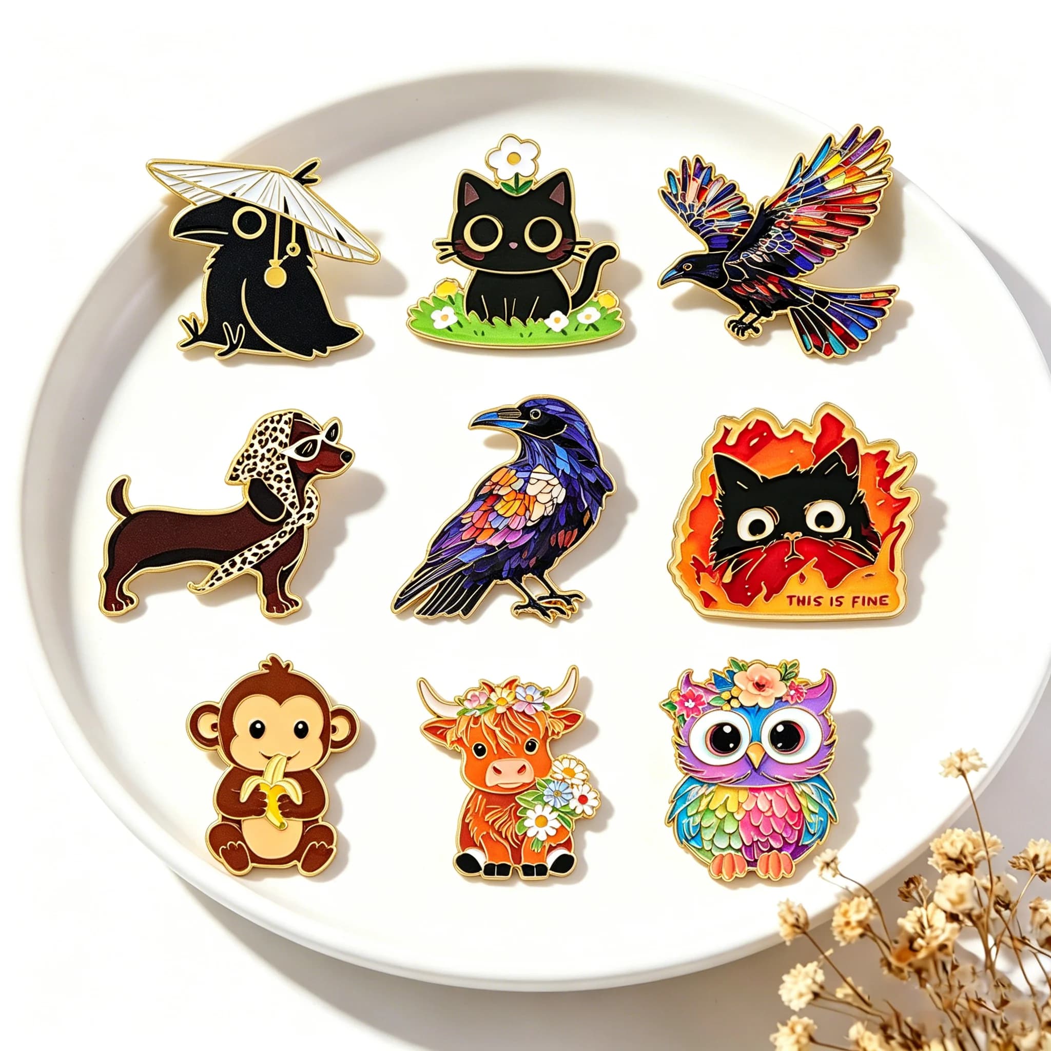 Spilla in smalto a forma di corvo, gatto, bassotto, scimmia, gufo, distintivi animali per zaino, spille a cartone animato, spille per cappello e risvolto, accessori cosplay, giocattoli, regalo