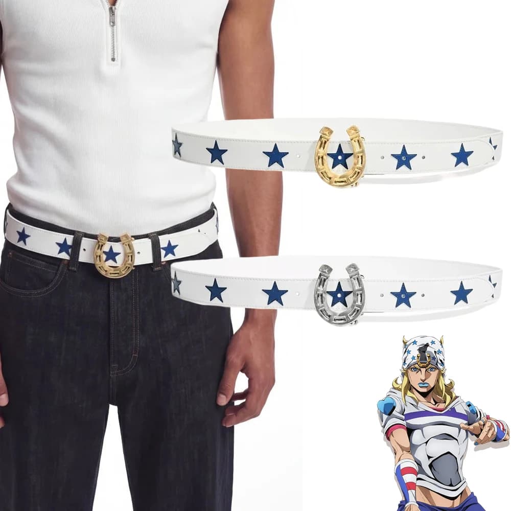 Cintura Cosplay Anime JOJO STEEL BALL RUN Jonathan Joestar Unisex Blu Bianca con Stella in Pelle e Fibbia a Ferro di Cavallo per Pantaloni