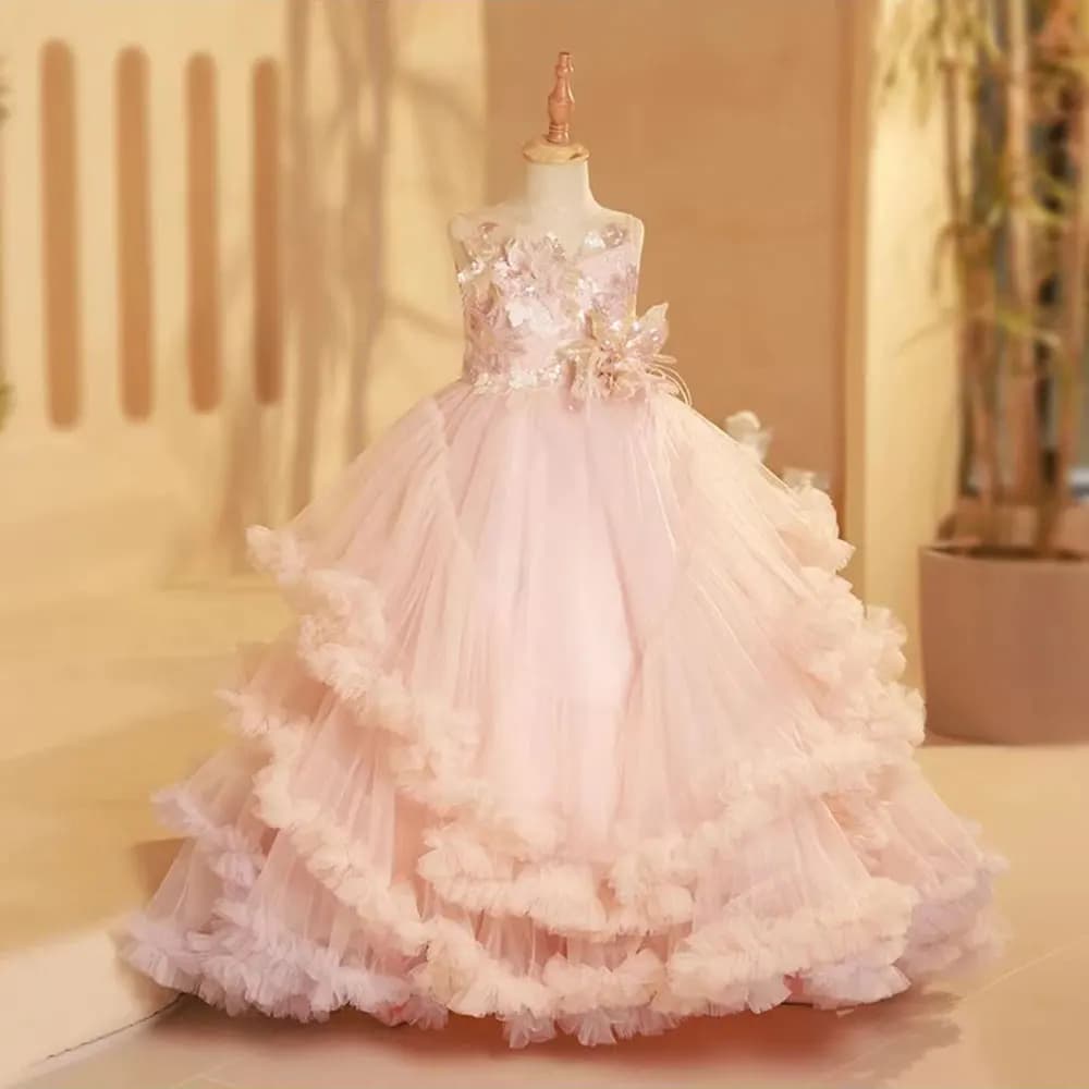 Luxury Blush Flower Girl Dress Feathers Arabic Princess Kids Wedding Birthday Party Ball Gown Holy Communion 2025