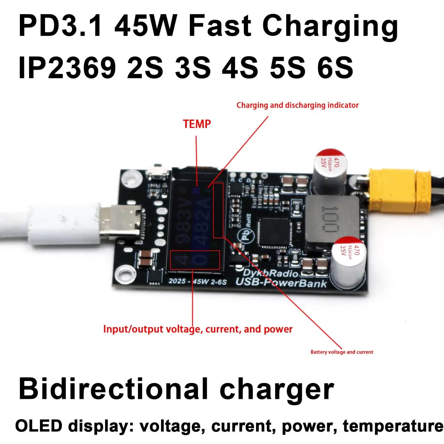 2S-6S 45W Quick Charger Power Bank W Display PD3.1 Type-c Bidirectional 3S 4S BMS Li-ion LiFePO4 RC Charging Battery