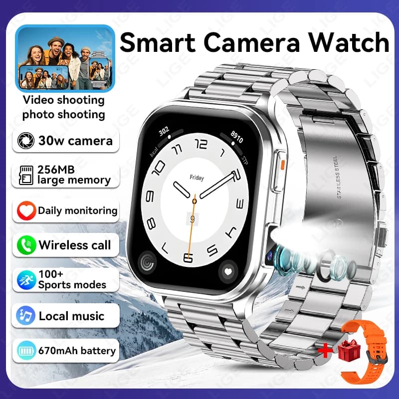 Smartwatch LIGE con Fotocamera, Registrazione Foto e Video, Monitoraggio Salute, Impermeabile, Sportivo, Musica, Chiamate Bluetooth, Torcia, per Uomo