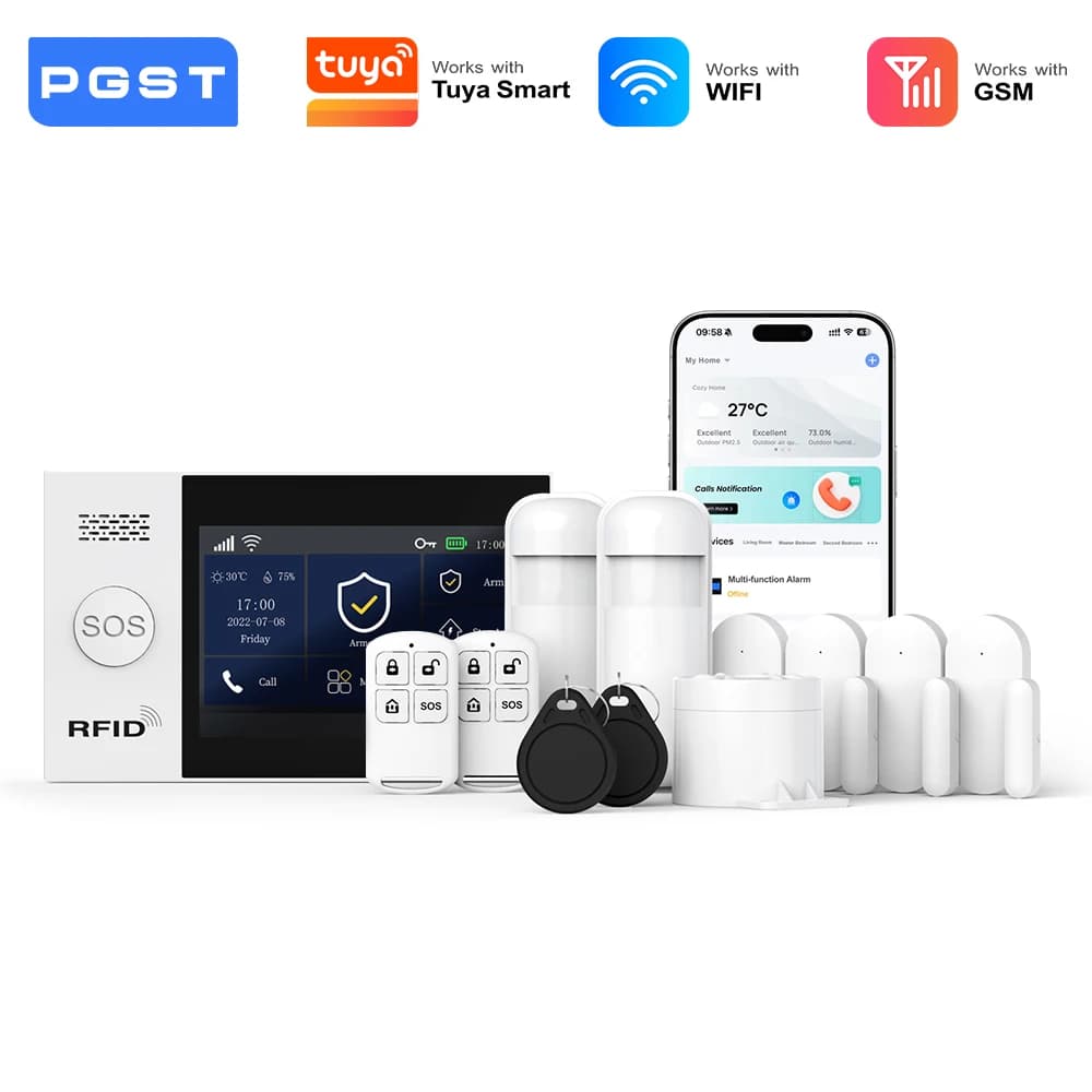 PGST allarme intelligente antifurto kit completo WiFi 2G GSM Works with Tuya Smart Life sicurezza wireless domestica controllo remoto app sensori apertura porta finestra senza costi ricorrenti