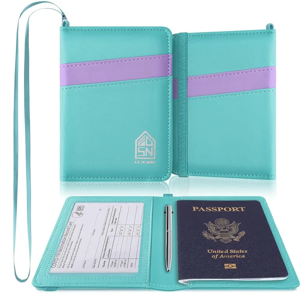 Porta Passaporto con Cordino da Collo, Custodia per Passaporto per Uomo e Donna, Portafoglio per Passaporto con Blocco RFID, Blu Lago