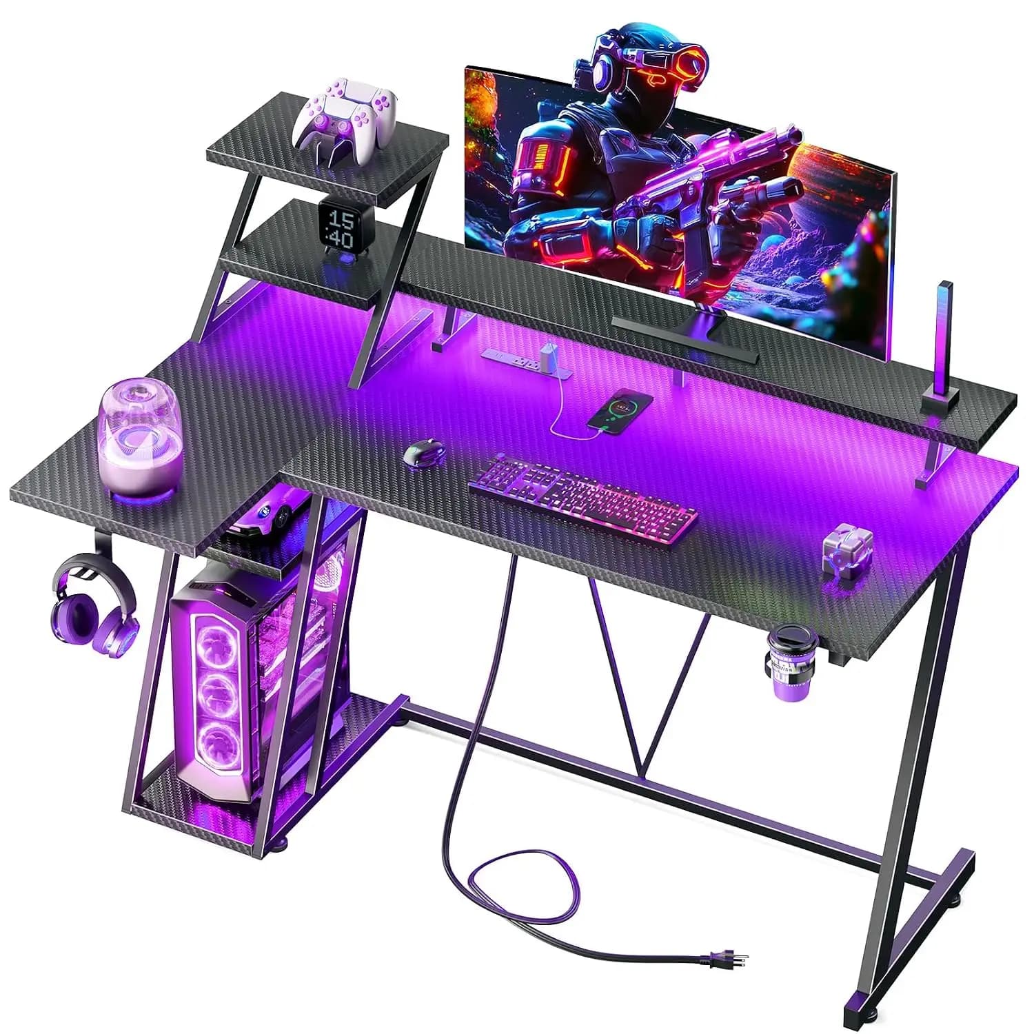 40 Inch L Shaped Gaming Desk with LED Lights & Power Outlet, Storage Shelves & Monitor Stand, Reversible Corner Table for Home O