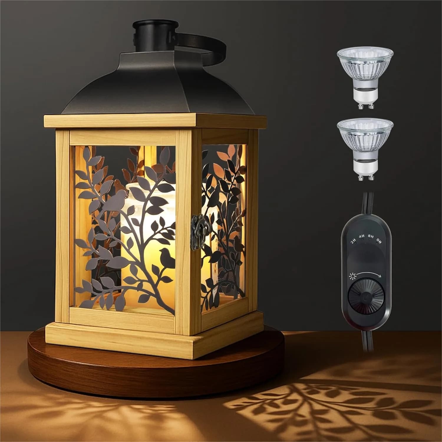 Lampada Scaldacandele con Timer e 2 Lampadine, Lanterna Stile Rustico con Dimmer, Scaldacandele Elettrico Regolabile da Sopra per Candele in Barattolo, Spegnimento Automatico, Decorazione per la Casa, Regalo per Donne, Legno Fatto a Mano